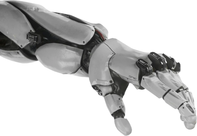 Bras robotique tendu vers une main humaine